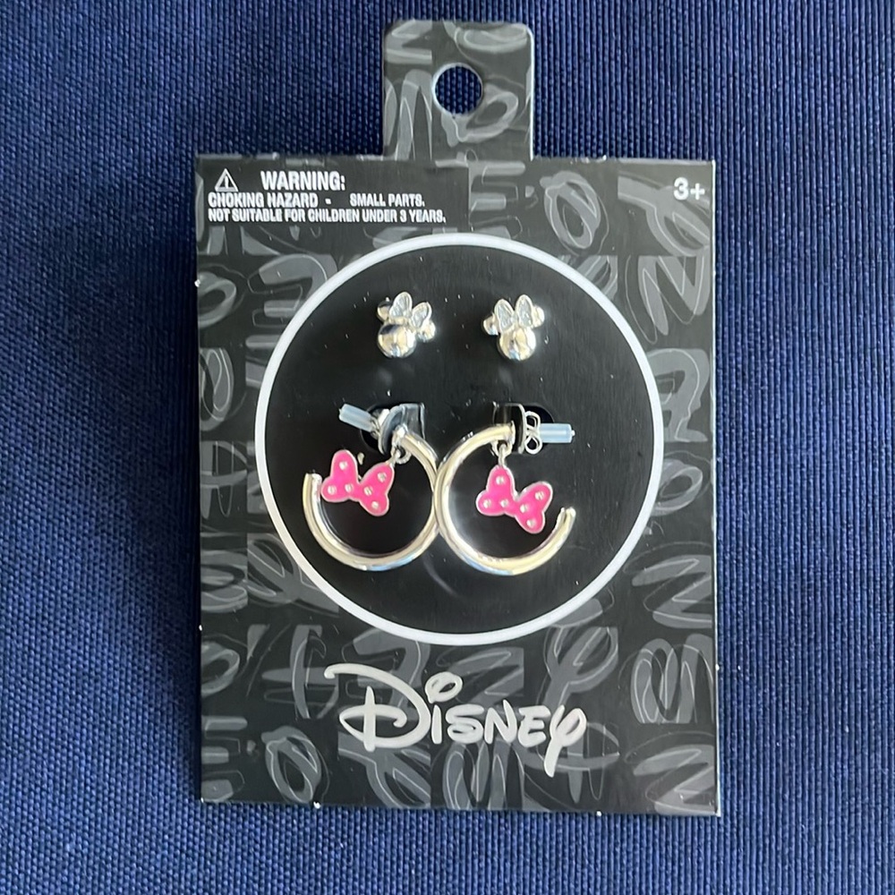 New Aldi Disney 2025 2 Pair Earrings Silver Minnie Head & Hoop With Pink Bow